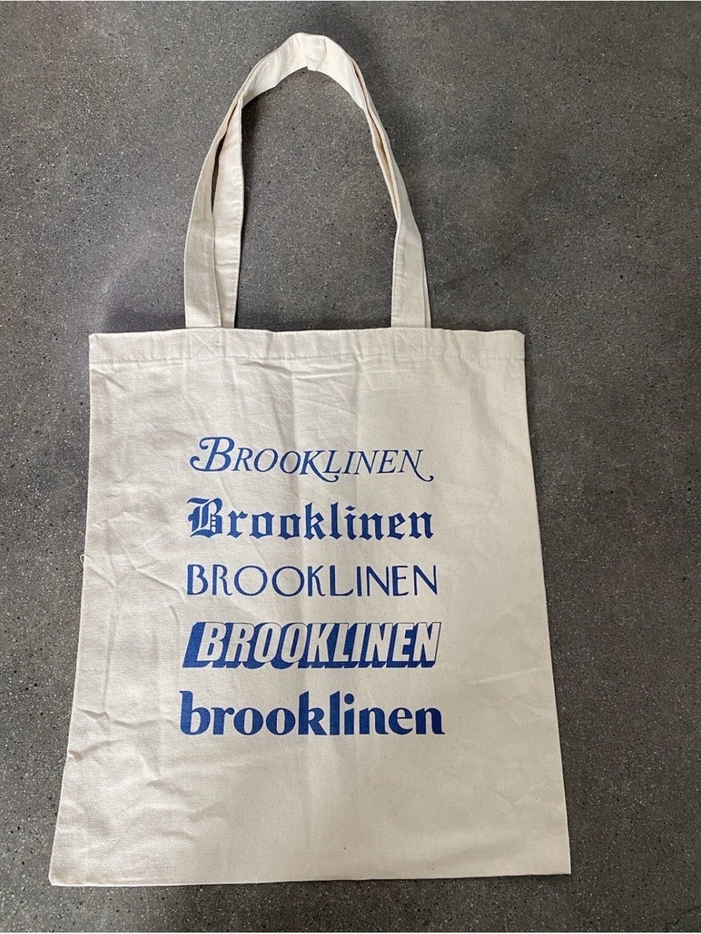 Brooklinen Cream Tote with Blue Logo Variations